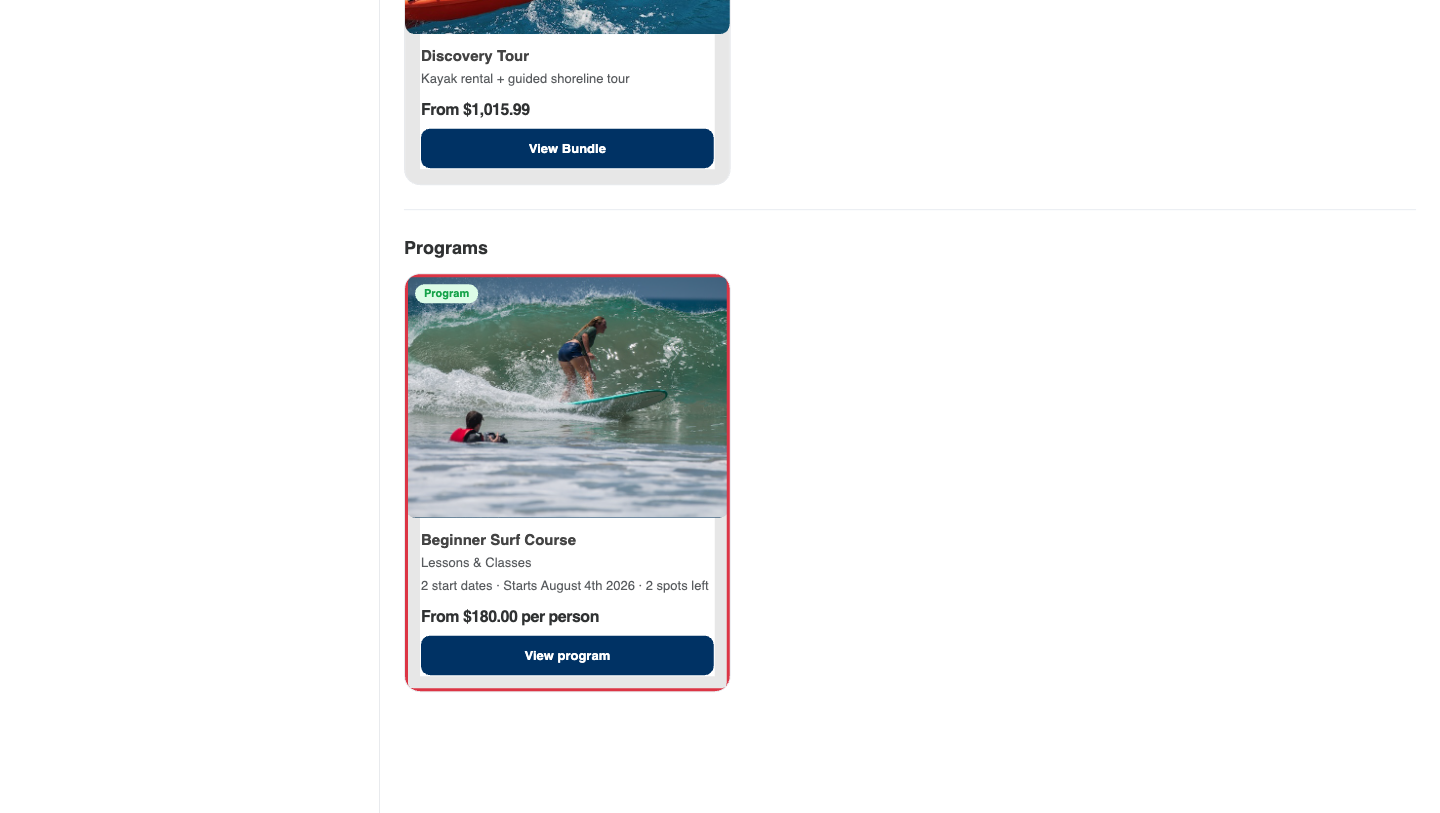 The Programs section of the booking page with a program card showing its image, start dates, spots left and price