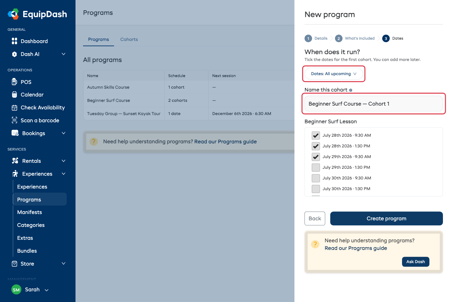 Step 3 of the New program panel, showing the month filter, the cohort name and the tickable dates for each included experience