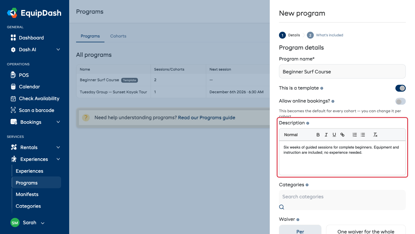 The Description editor in step 1 of the New program panel
