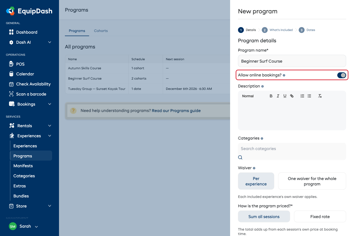 The New program panel, step 1, with the program name and Allow online bookings switch highlighted