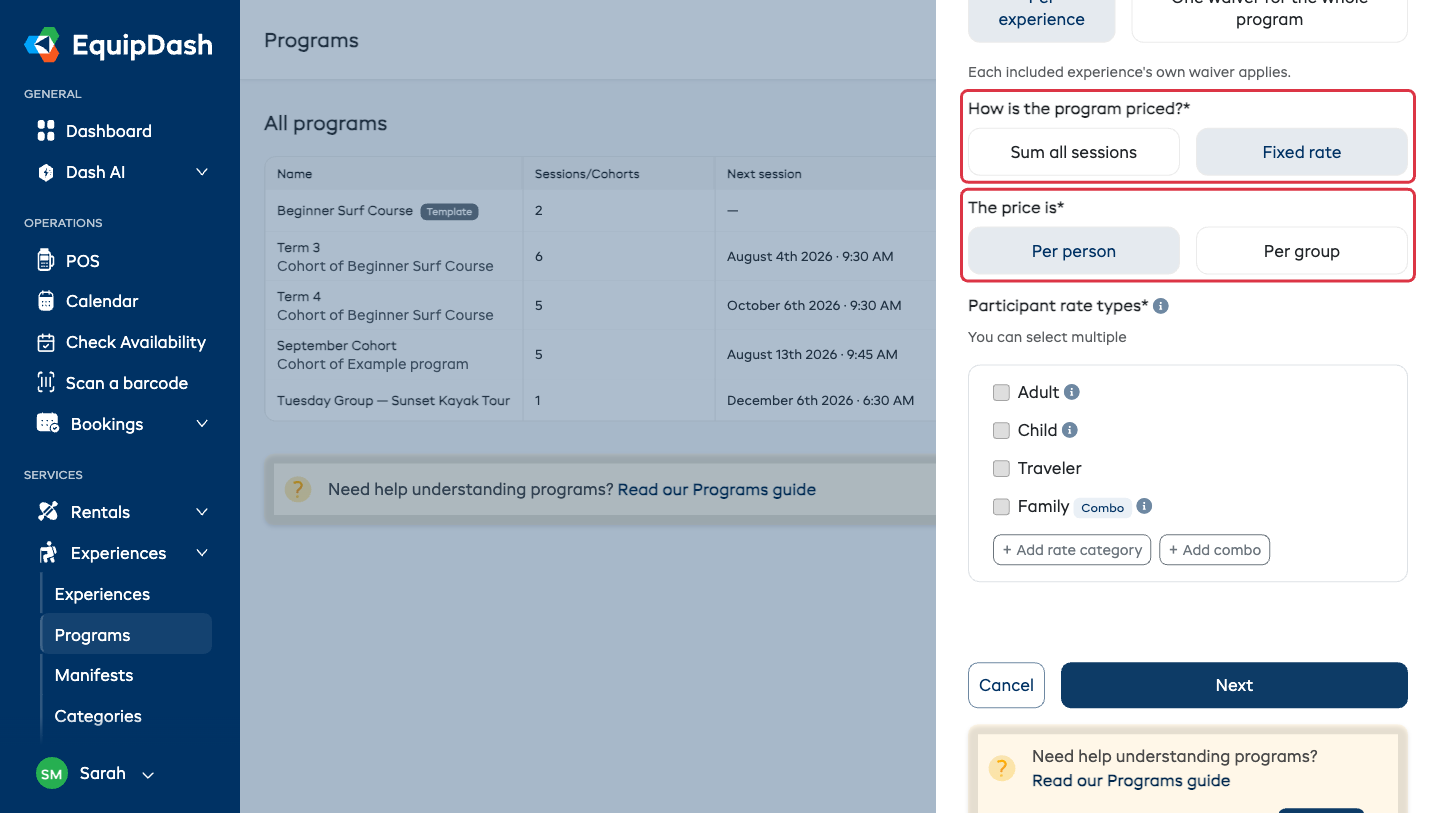 The New program panel scrolled to the pricing options, with the pricing type and price structure highlighted
