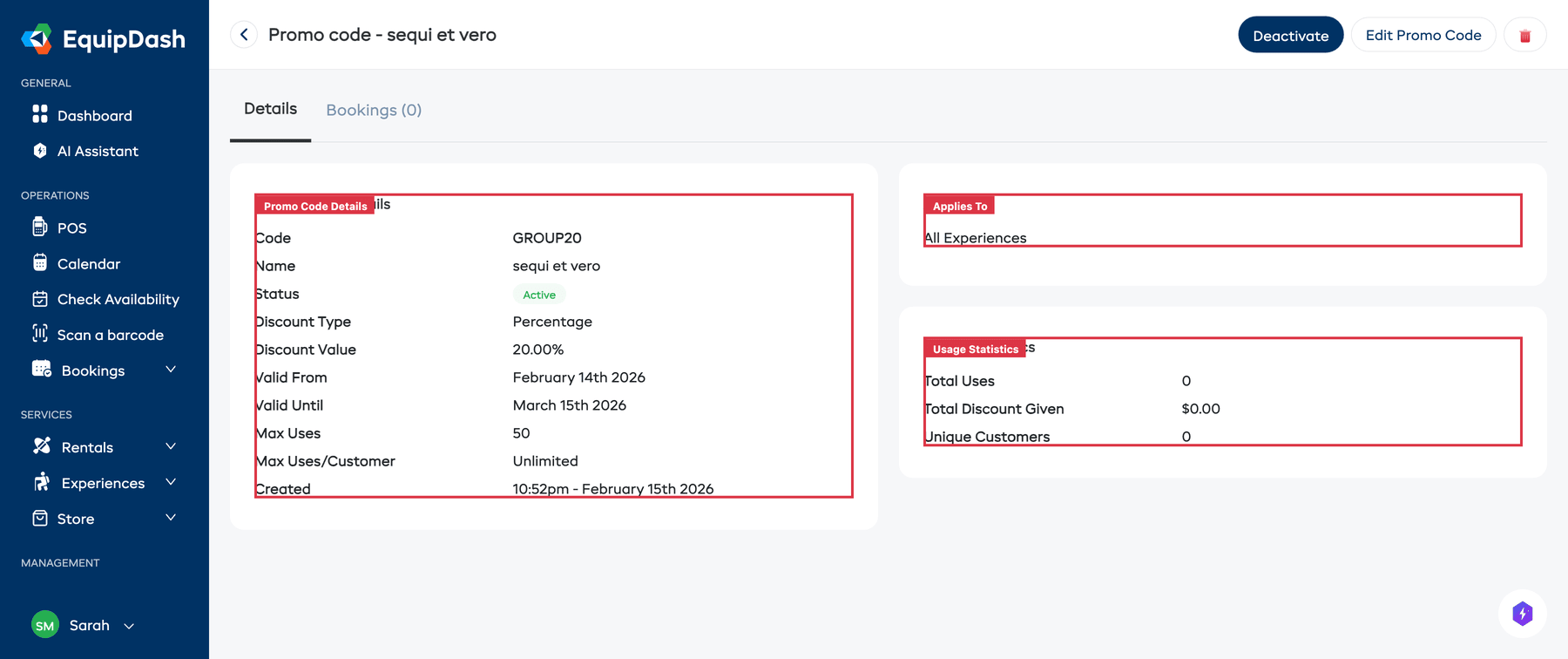 The promo code detail page with the Usage Statistics card