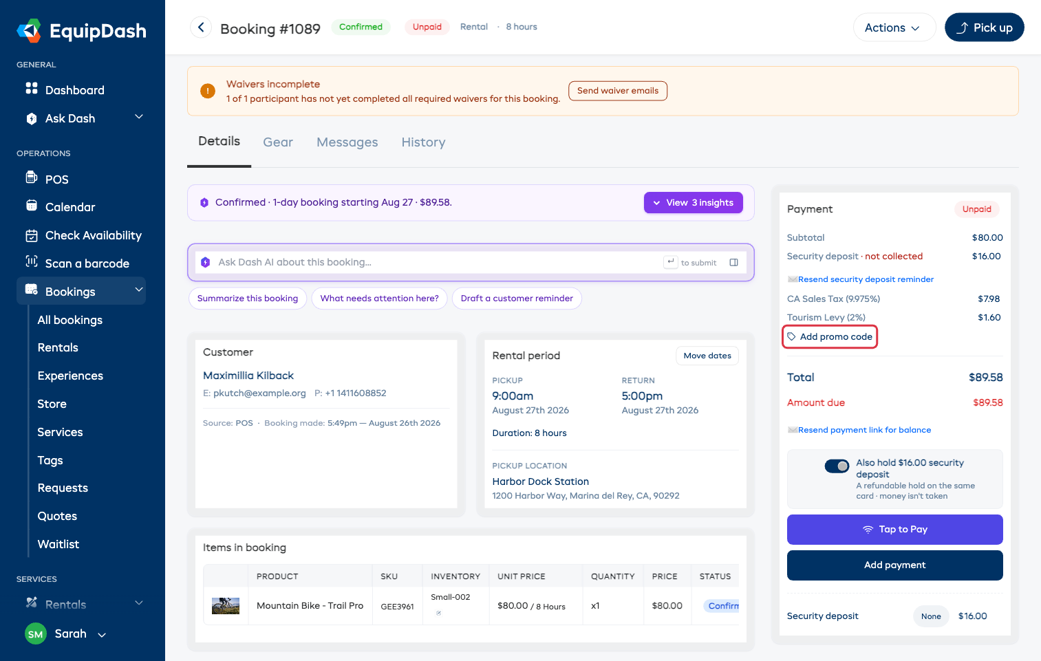 The Payment panel on a booking with the Add promo code option under the tax lines