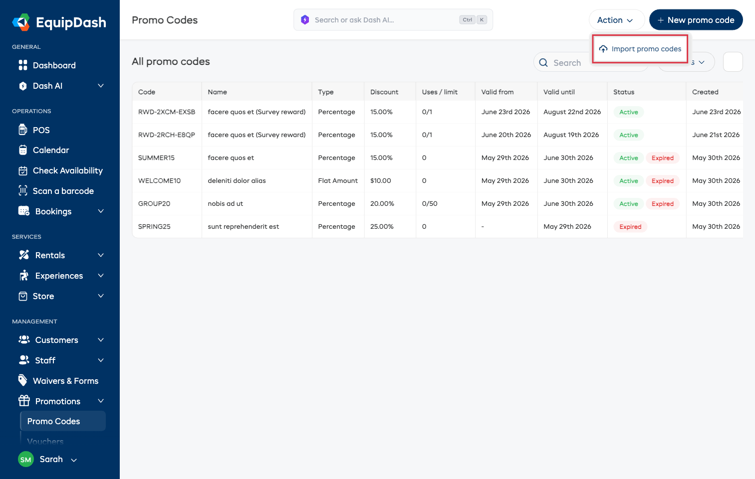 The Action menu on the Promo Codes page with Import promo codes highlighted