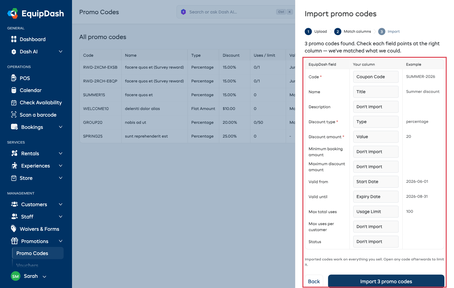 Step 2 of the import panel showing each EquipDash field matched to a column from the file