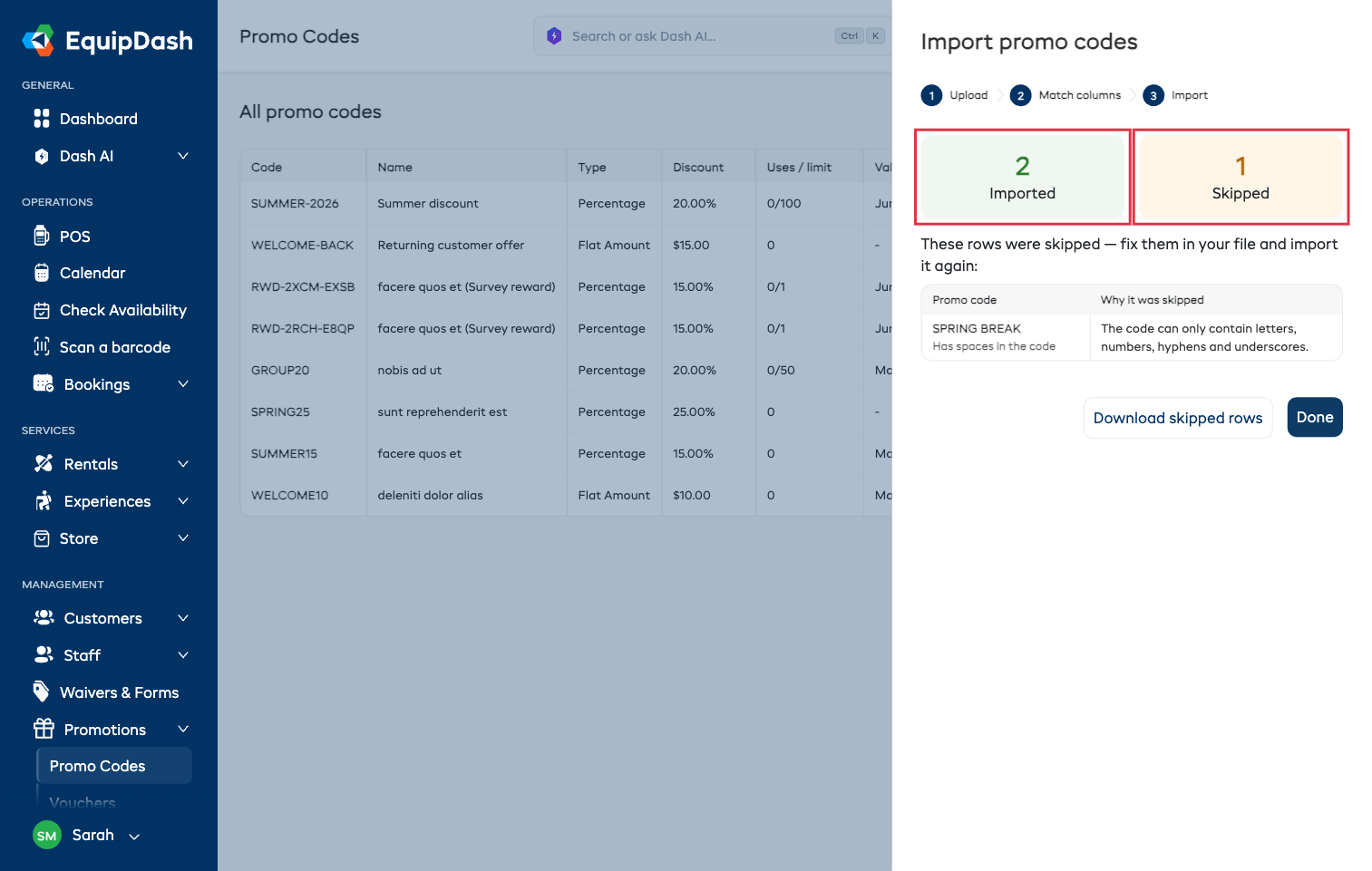 The import results showing the imported and skipped counts with a reason for each skipped row