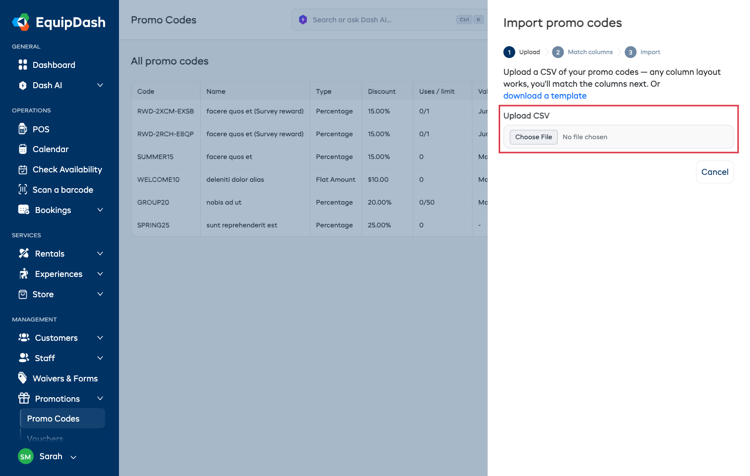 Step 1 of the import panel with the Upload CSV field highlighted
