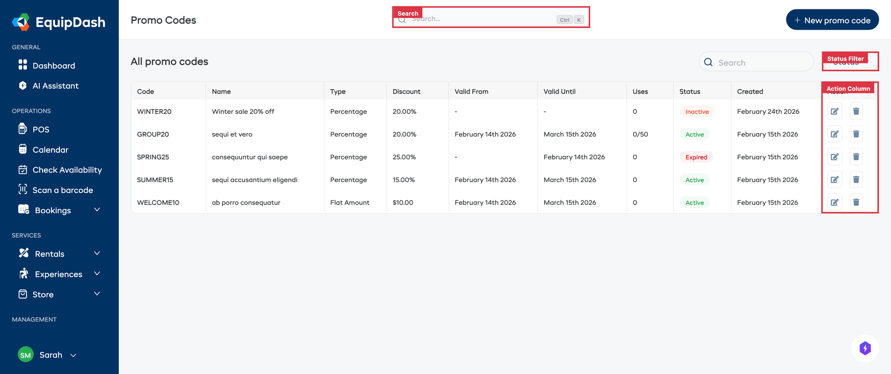 The Promo Codes table showing all columns