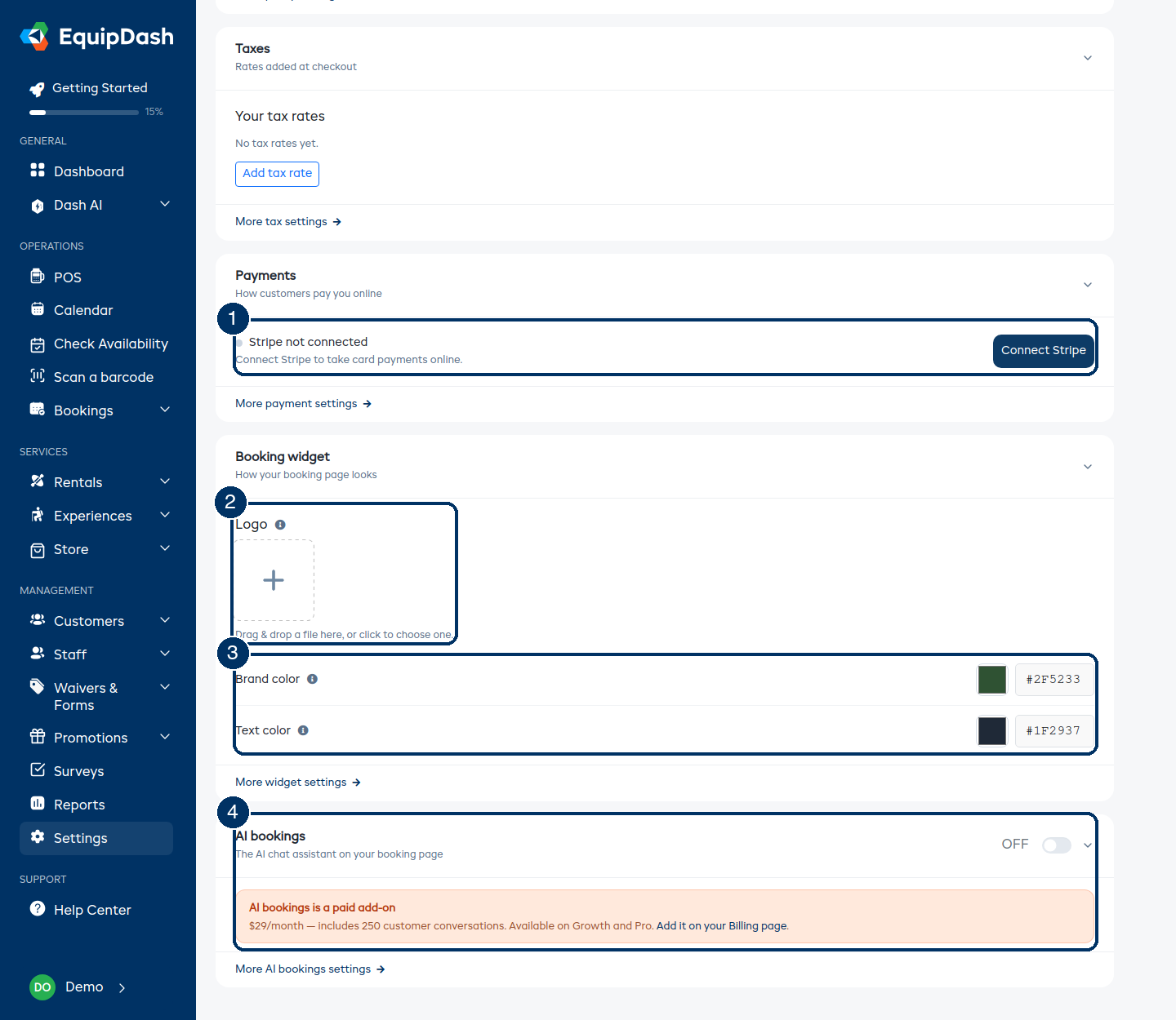The bottom of the Quick settings page: Payments, Booking widget, and AI bookings