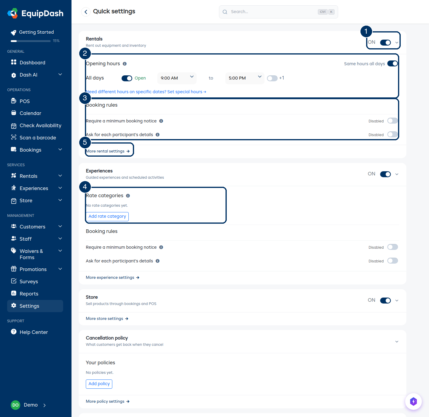 The top of the Quick settings page, showing the Rentals and Experiences sections