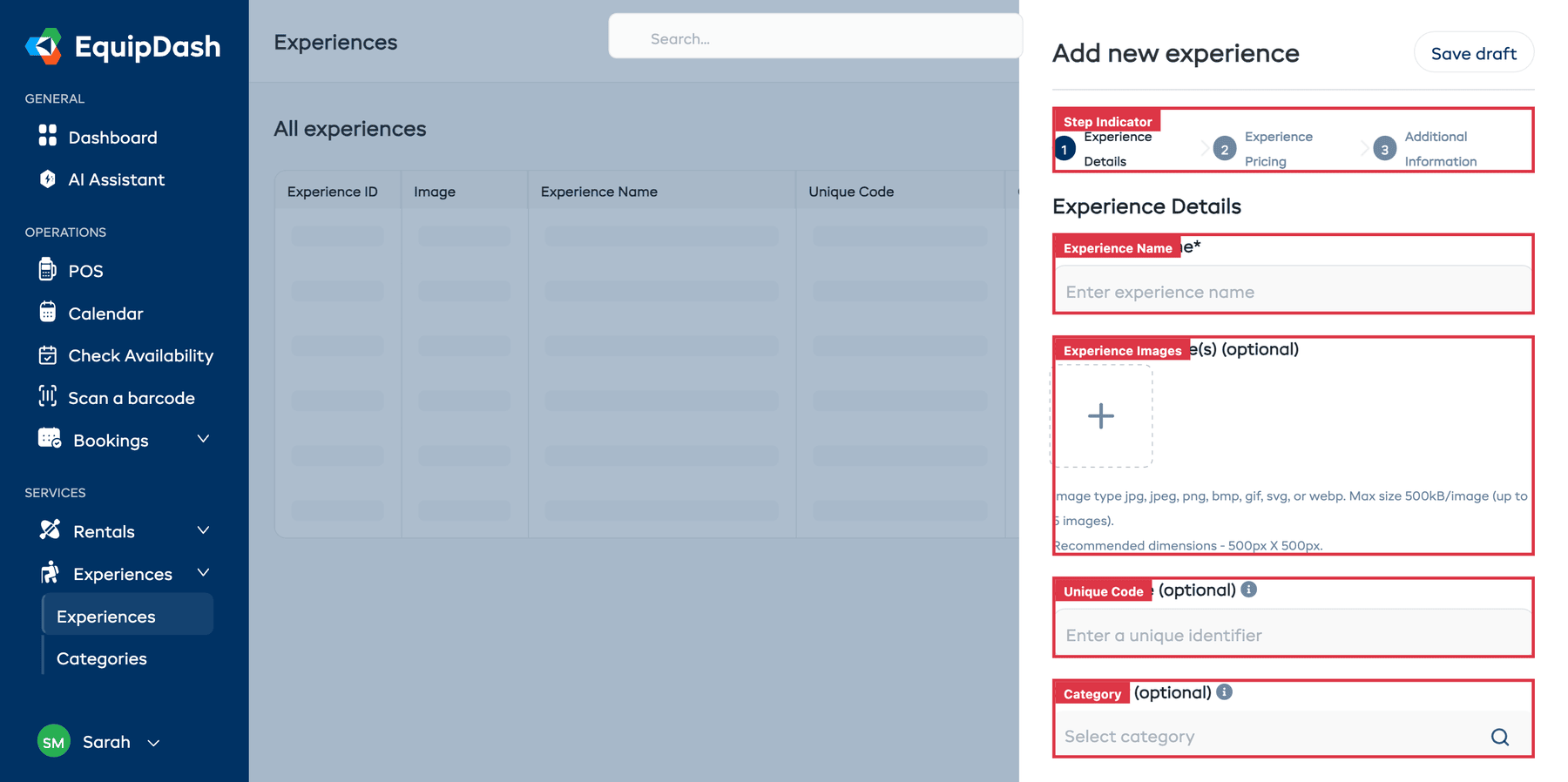 The Add Experience wizard showing step 1 — Experience Details with fields for name, images, unique code, and category