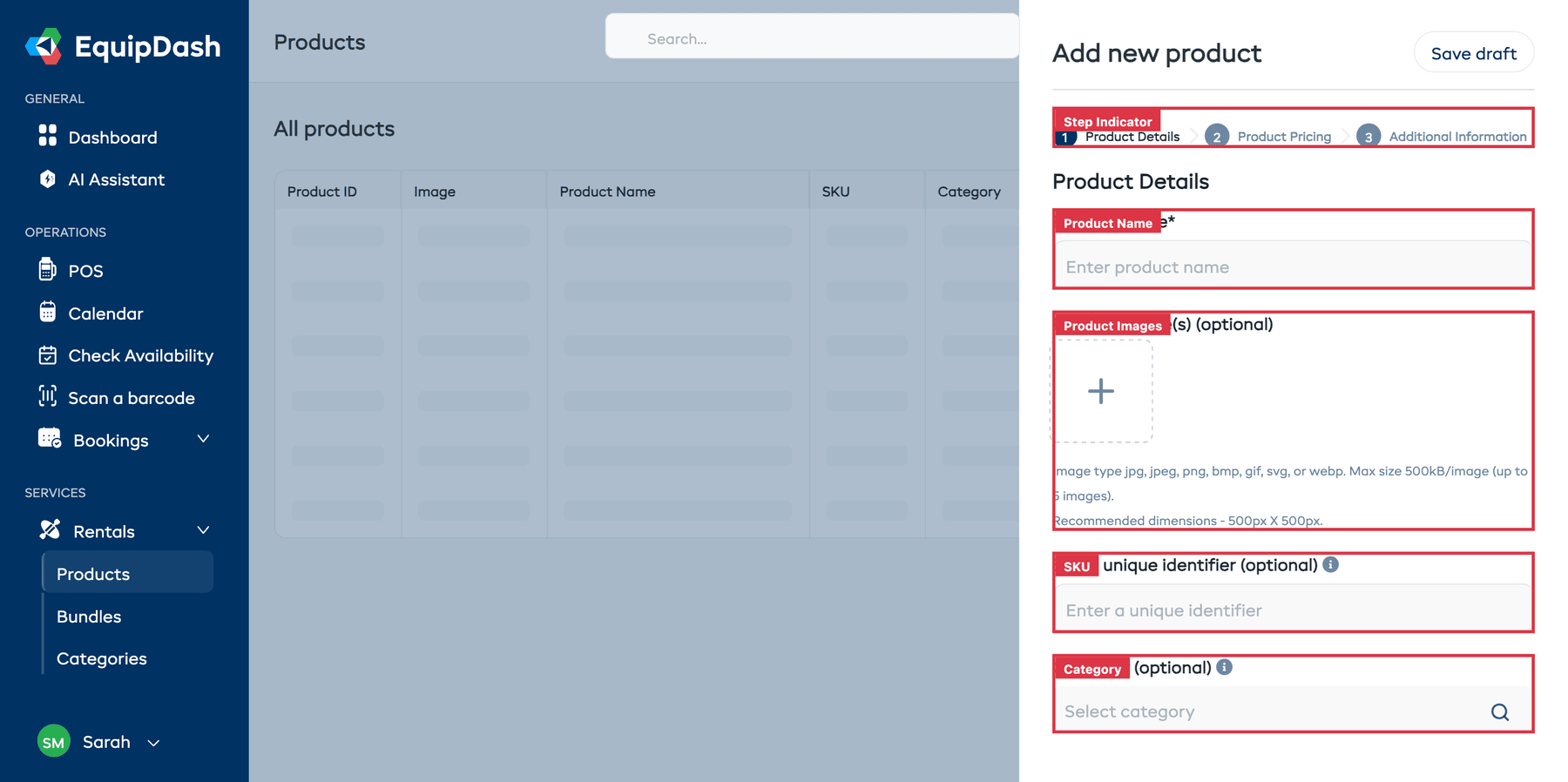 The Add Product wizard showing step 1 — Product Details with fields for name, images, SKU, and category