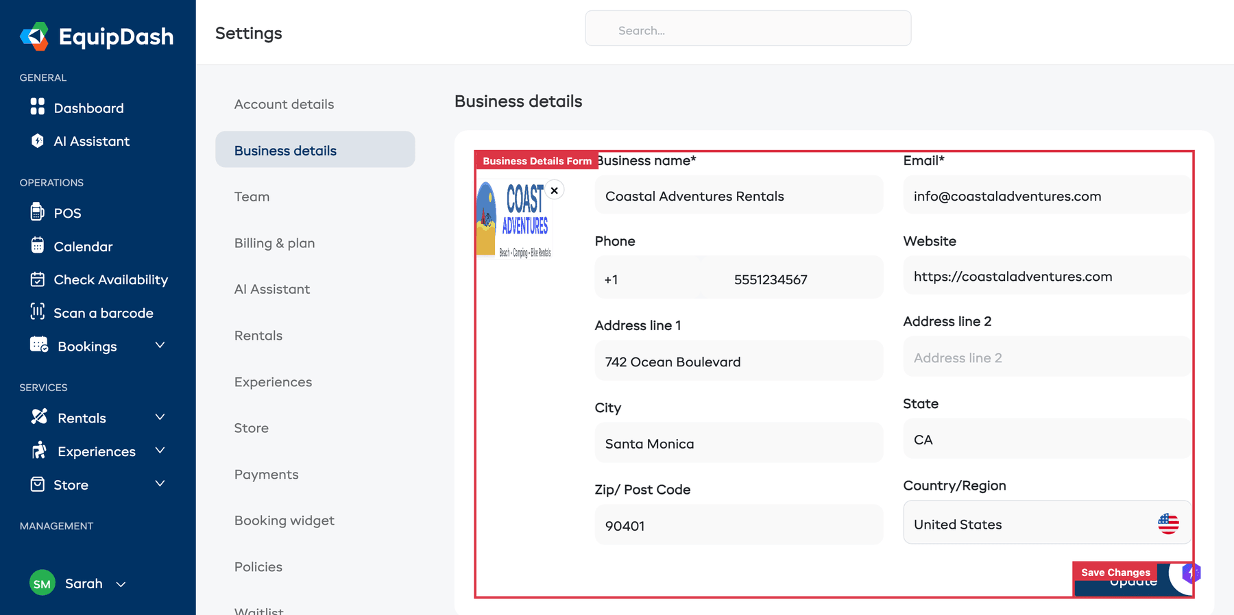 The Settings > Business Details page with the form fields filled in