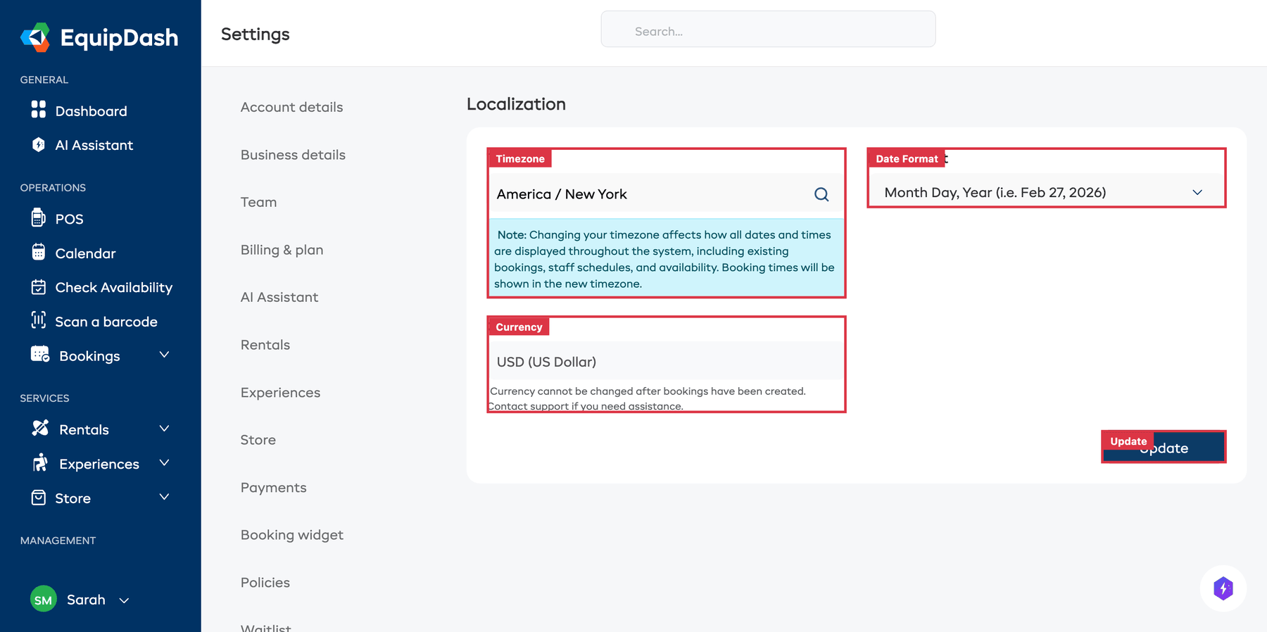 The Settings > Localization page showing Timezone, Currency, and Date Format fields