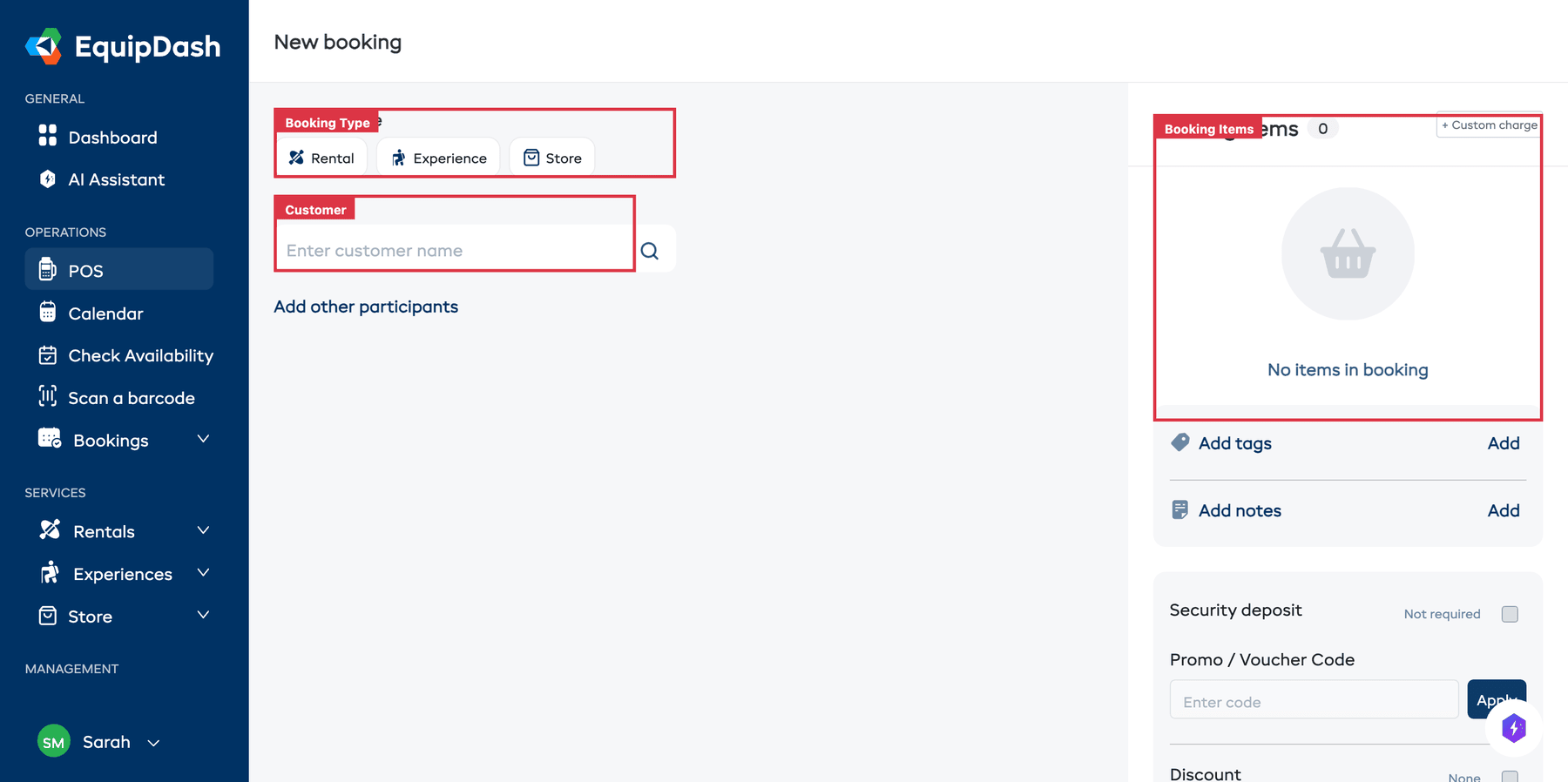 The Point of Sale screen showing a new booking being created