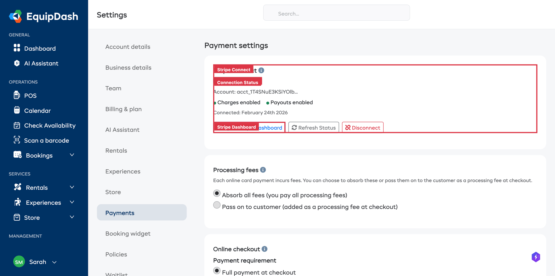 The Payments settings page showing the Stripe connection status