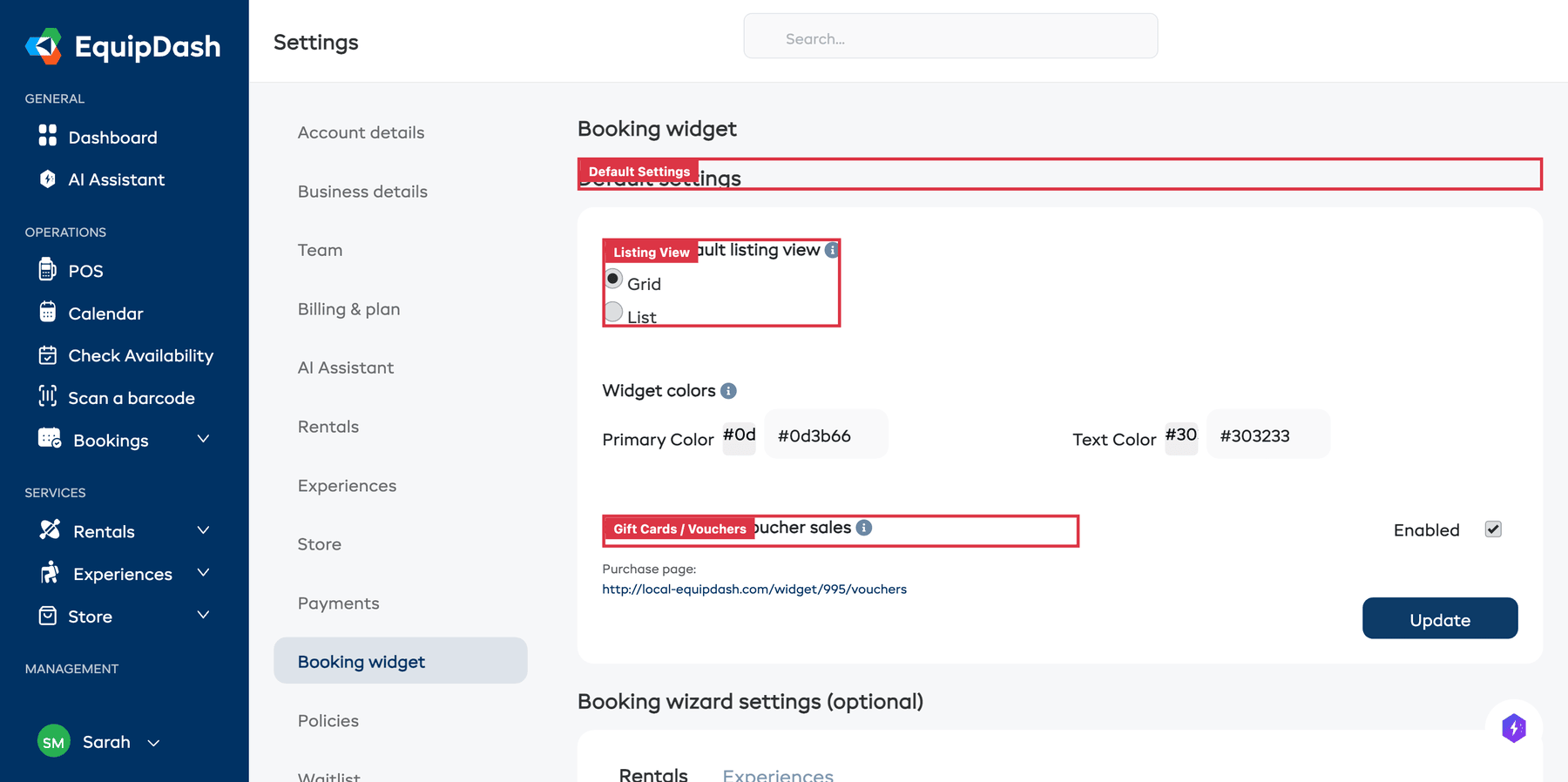 The Settings > Widget page with the embed code visible and a Copy button