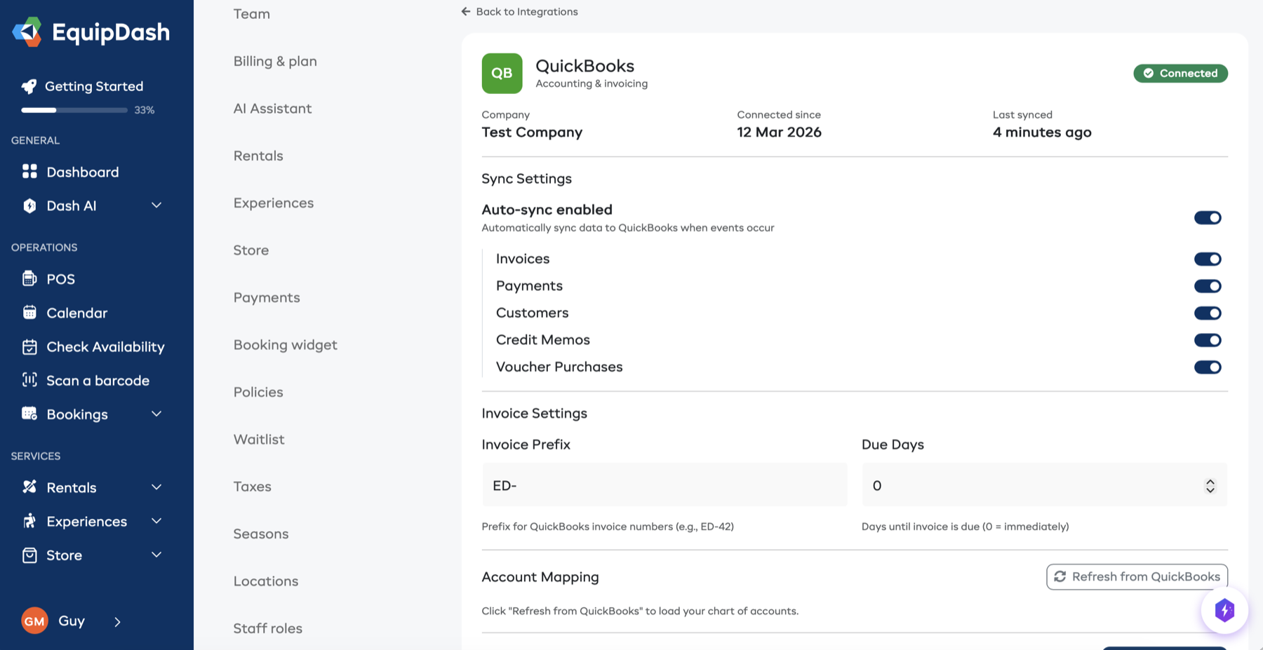 QuickBooks integration settings