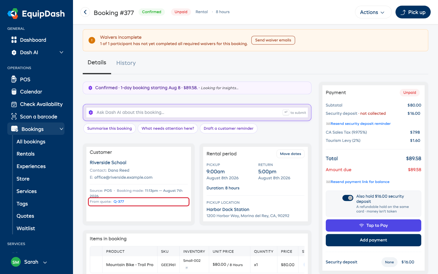 The confirmed booking with the "From quote: Q-377" reference highlighted in the customer card.