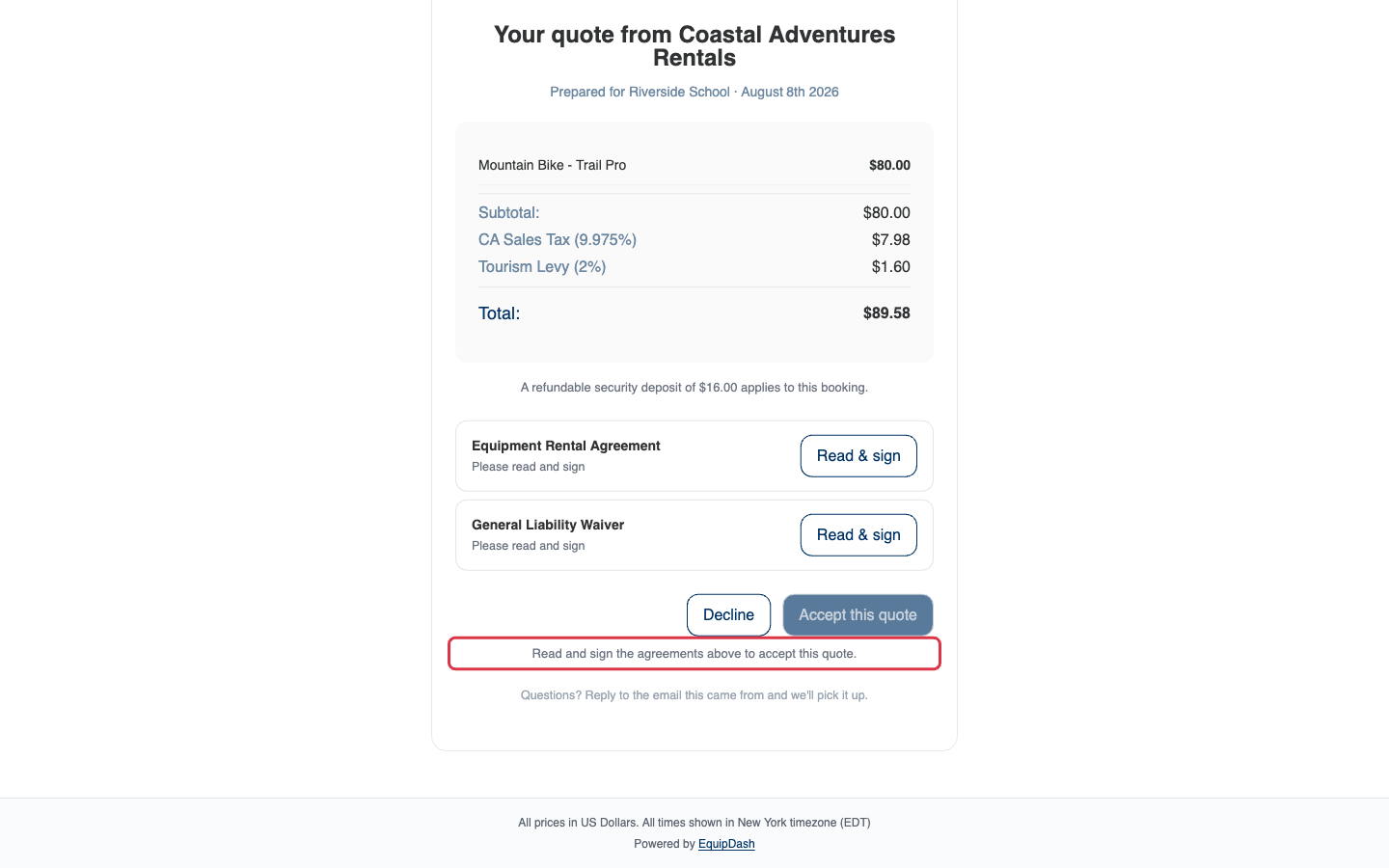 The bottom of the customer's quote page with the Accept button grayed out and the note "Read and sign the agreements above to accept this quote" highlighted.