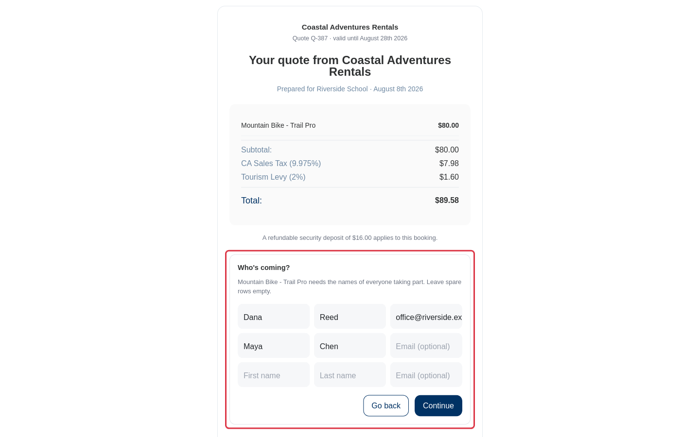 The customer's quote page mid-acceptance — the "Who's coming?" step with the customer's own row pre-filled and spare rows for the rest of the group.