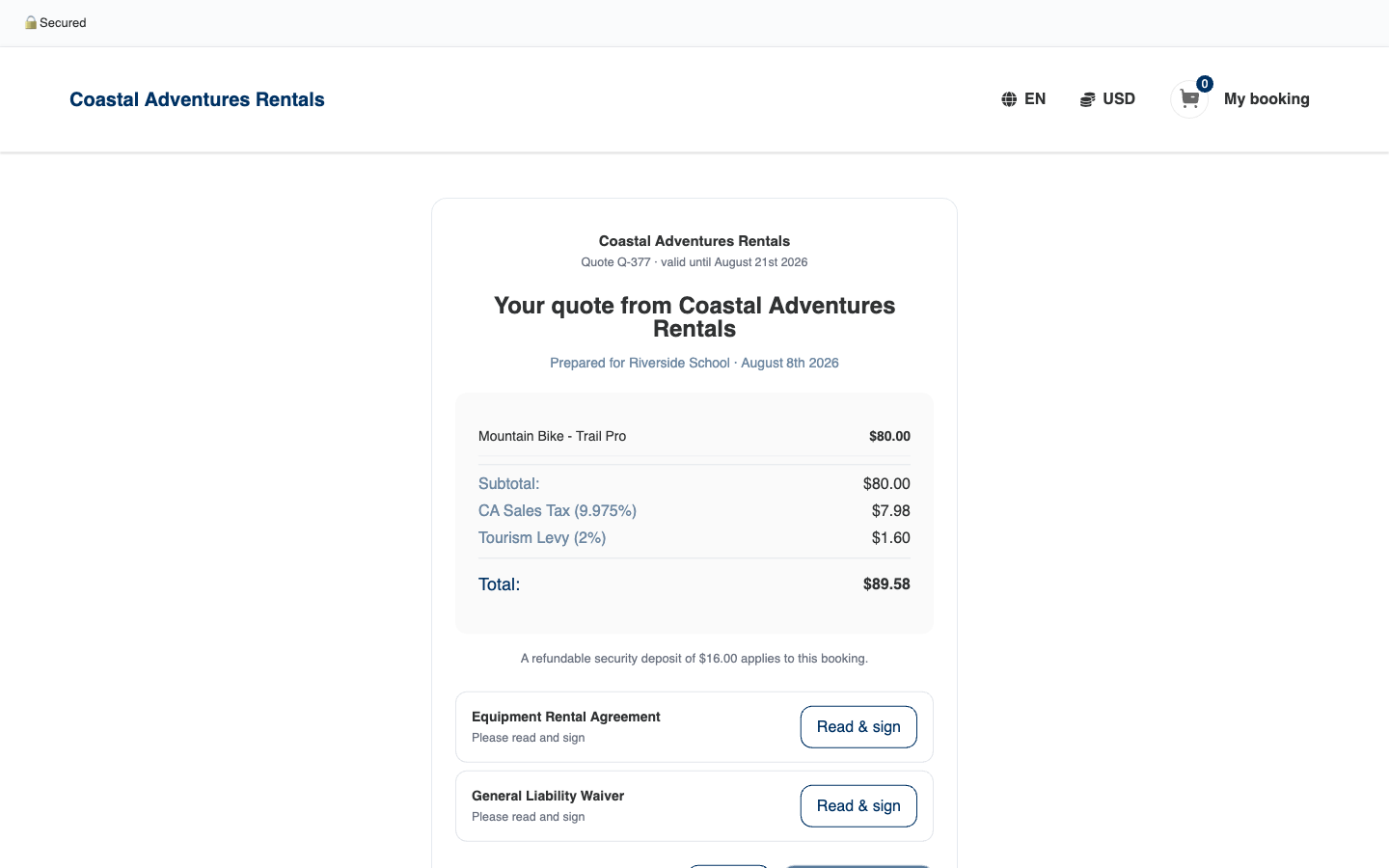 The customer's quote page — quote number and valid-until date at the top, the items and total, the security deposit note, and the agreements to sign.