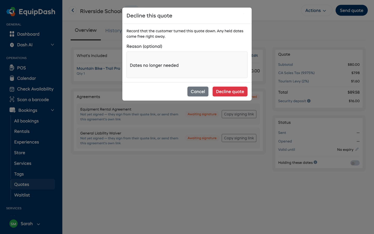 The Decline this quote window with an optional reason filled in — "Any held dates come free right away."