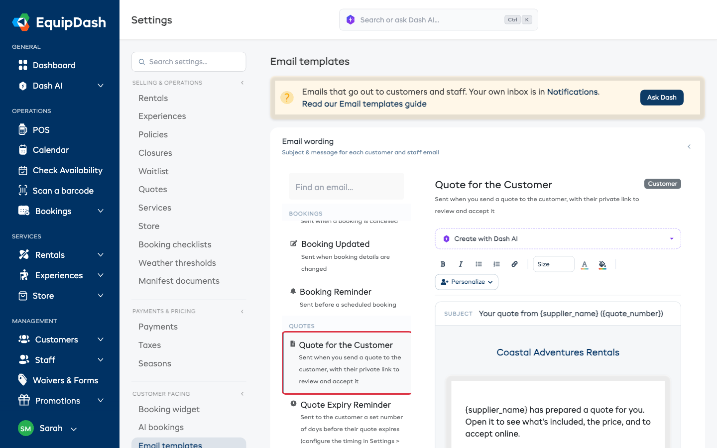 Settings → Email templates with the Quotes group highlighted in the email list and the Quote for the Customer template open for editing.