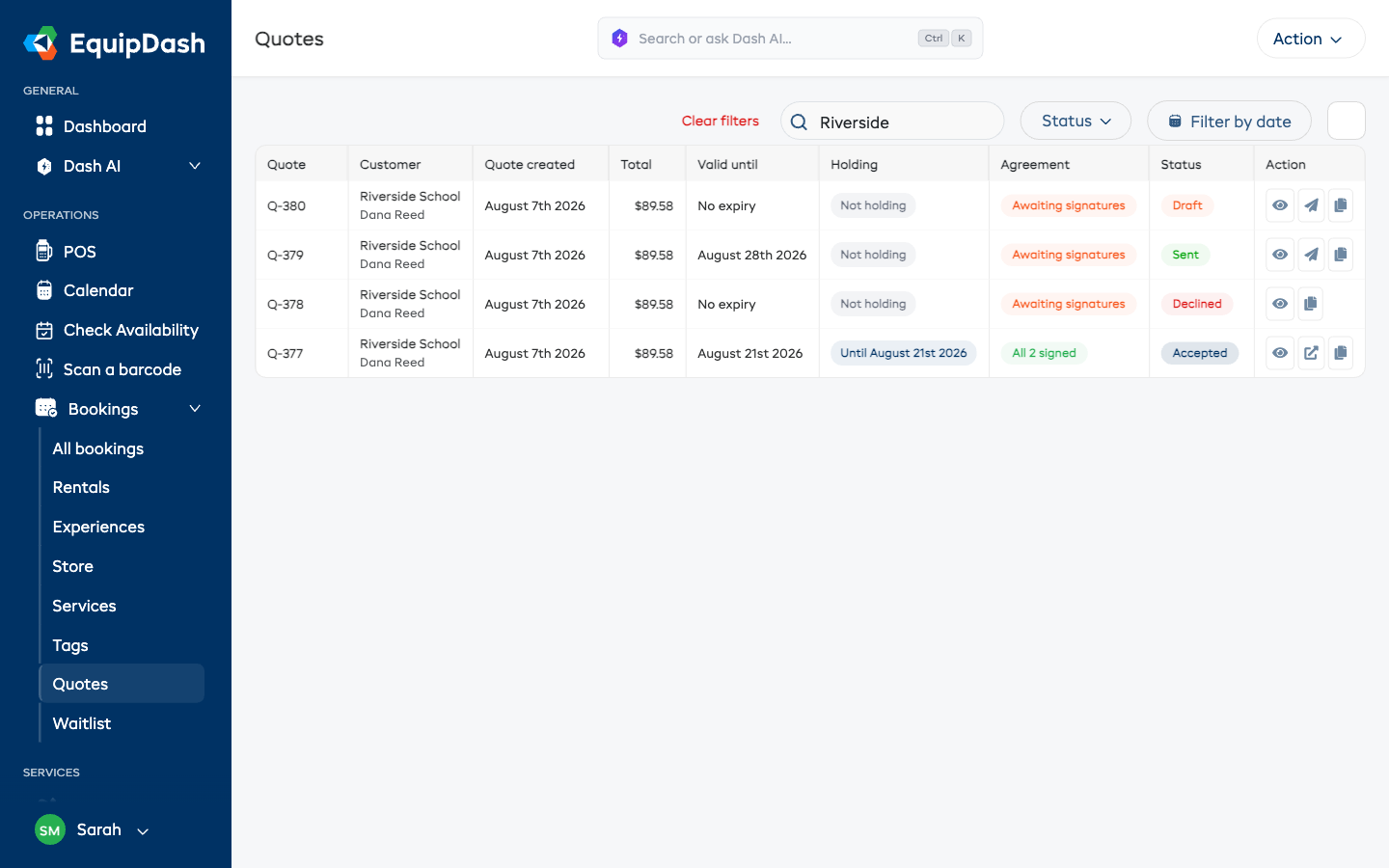 The Quotes list showing one quote in each status — Draft, Sent, Declined, and Accepted — with the holding and agreement columns.