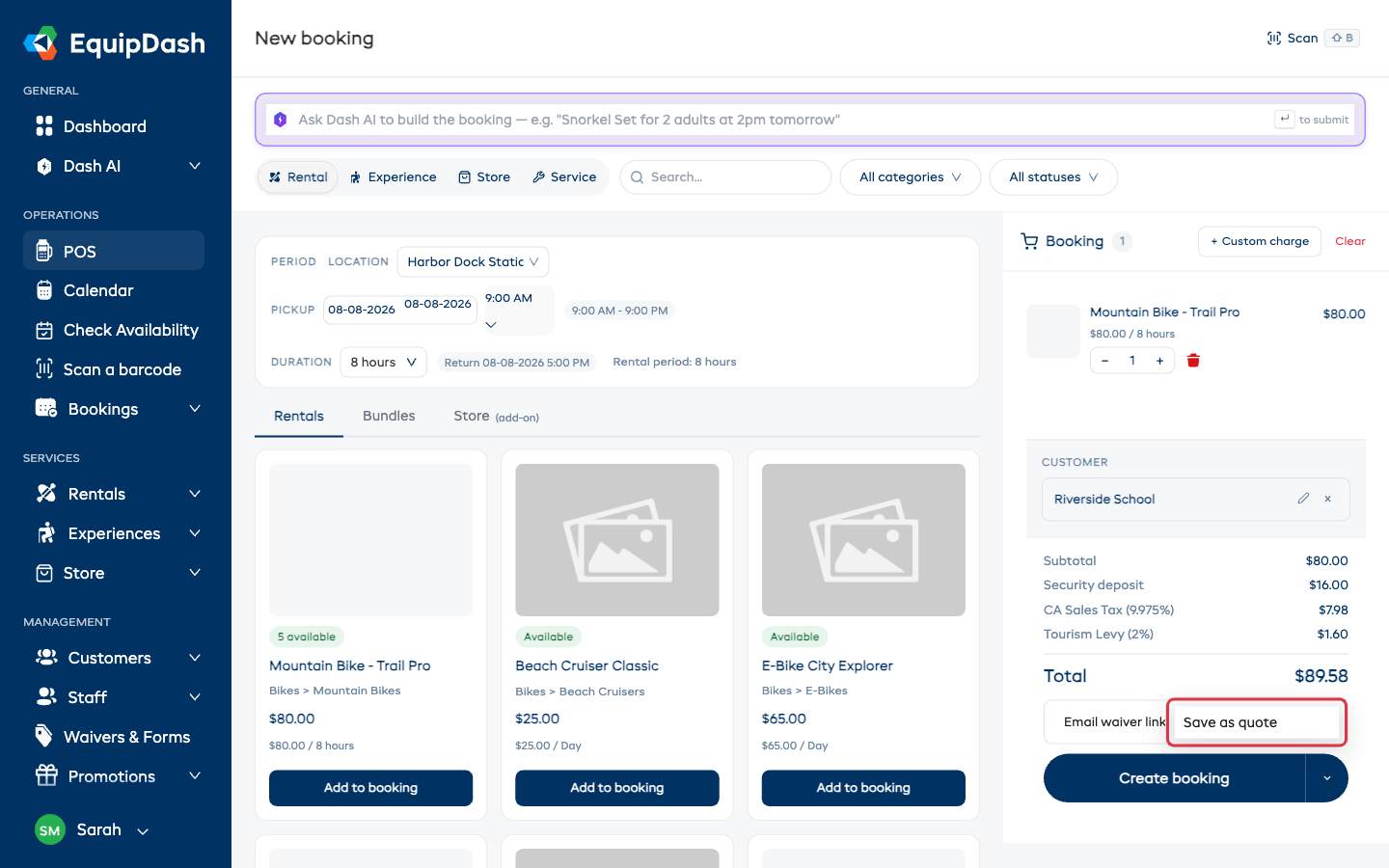 The POS cart with the Create booking split button open and Save as quote highlighted.