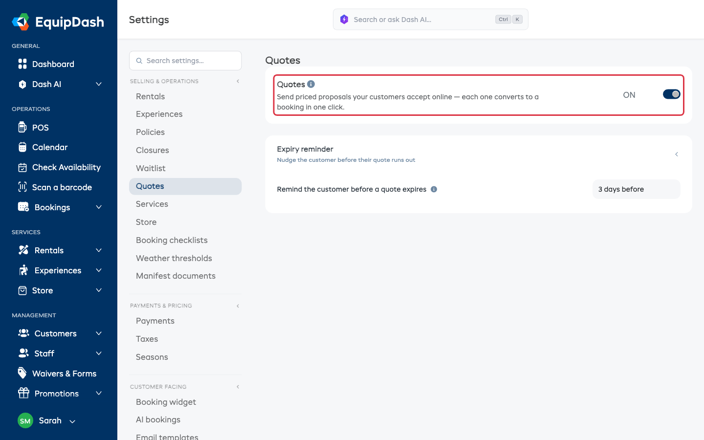 Settings → Quotes with the master Quotes switch on and the expiry reminder set.