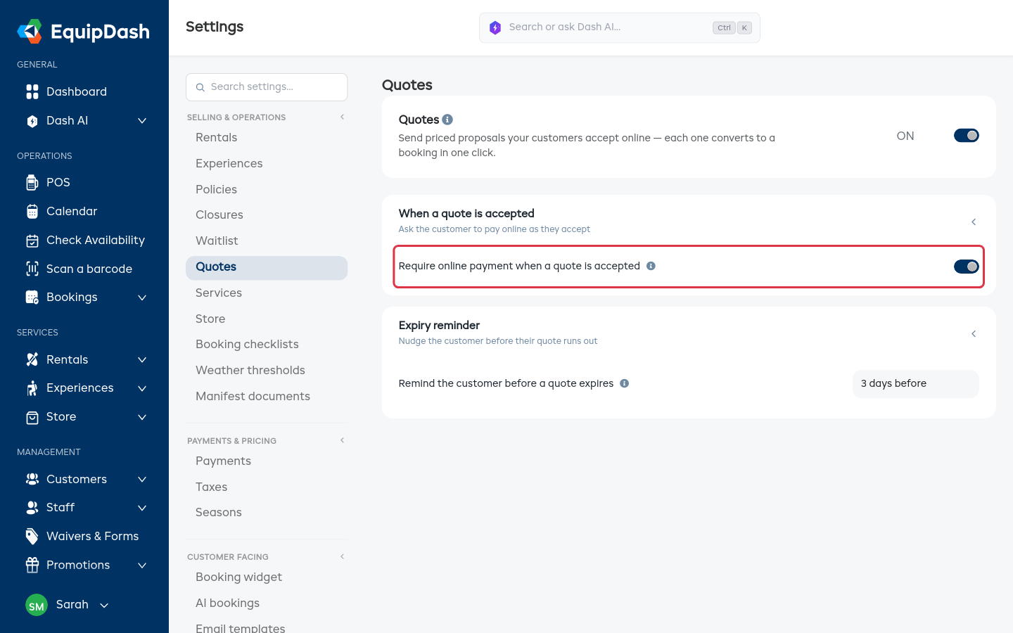 Settings → Quotes with Require online payment when a quote is accepted switched on.