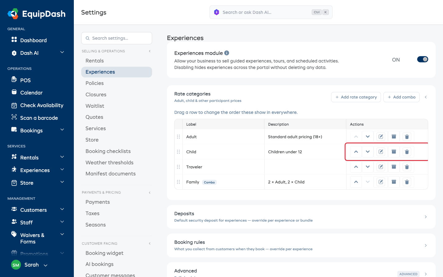 The rate categories listing, with one row's move up, move down, edit, archive and delete actions highlighted
