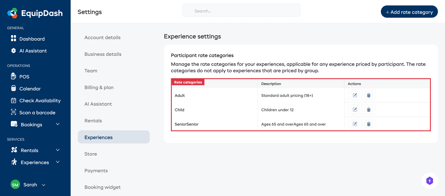 The rate categories listing showing Adult, Child, and Senior categories with edit and delete actions