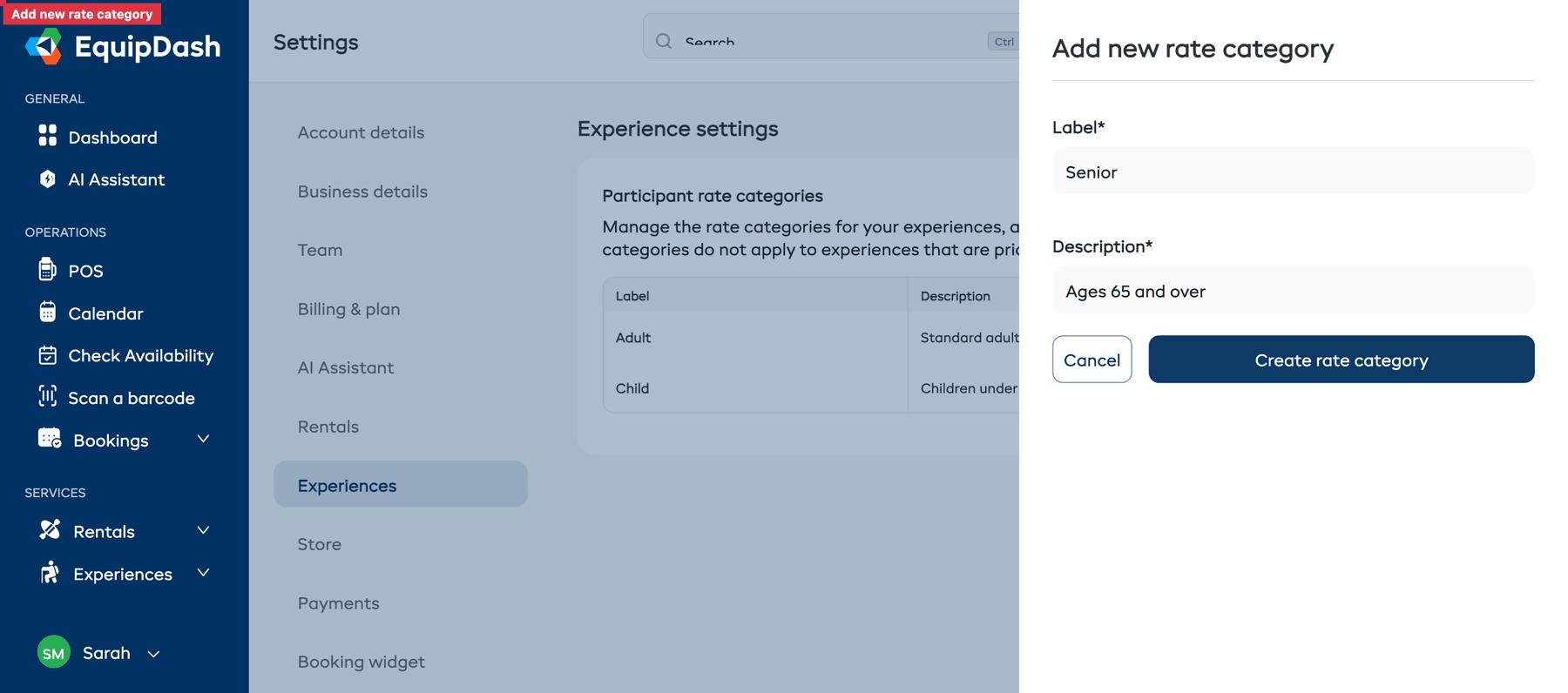 The Add Rate Category modal with Label and Description fields filled in
