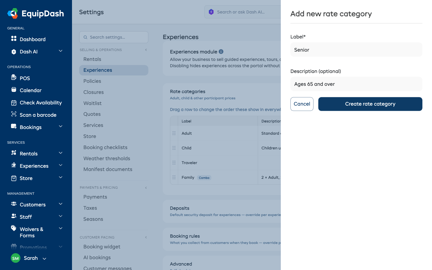 The Add Rate Category modal with Label and Description fields filled in