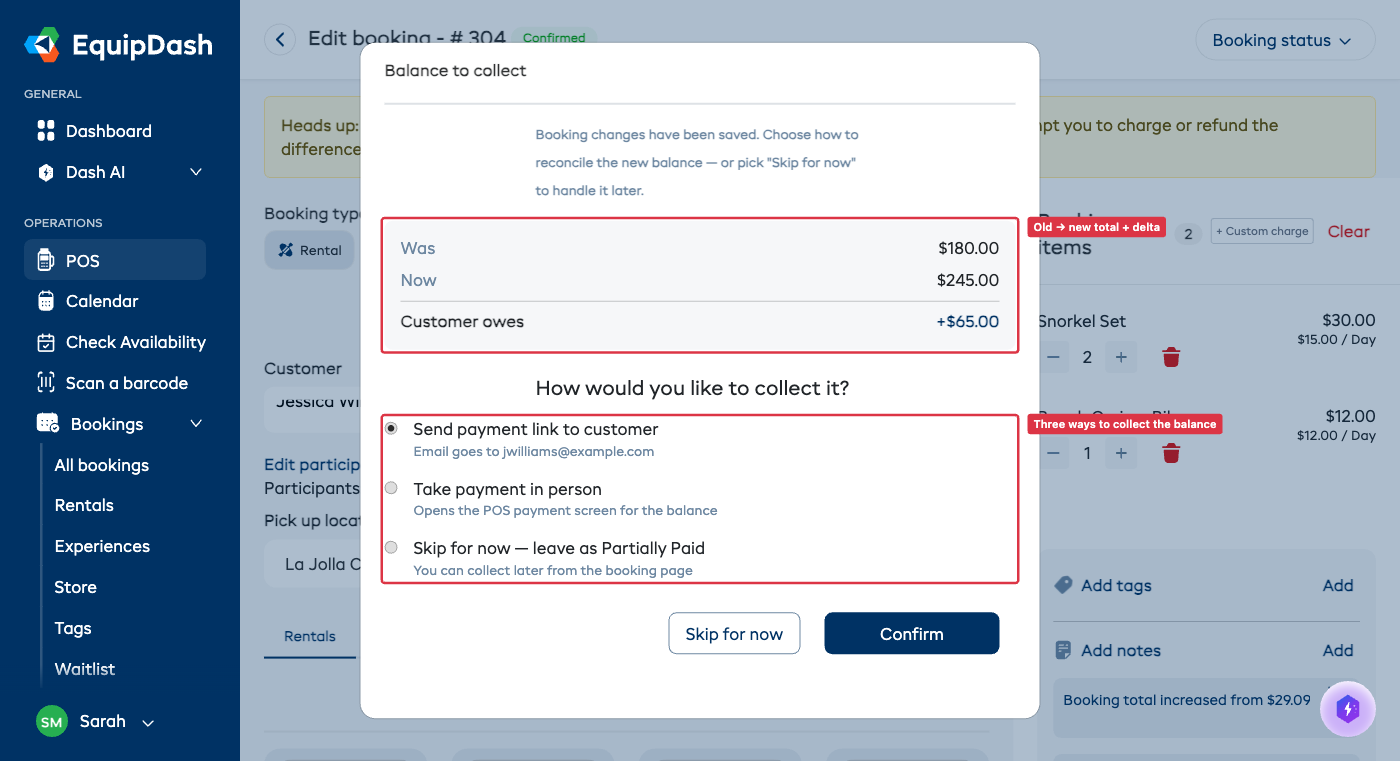 Reconcile Balance modal in charge mode showing the three collection options.