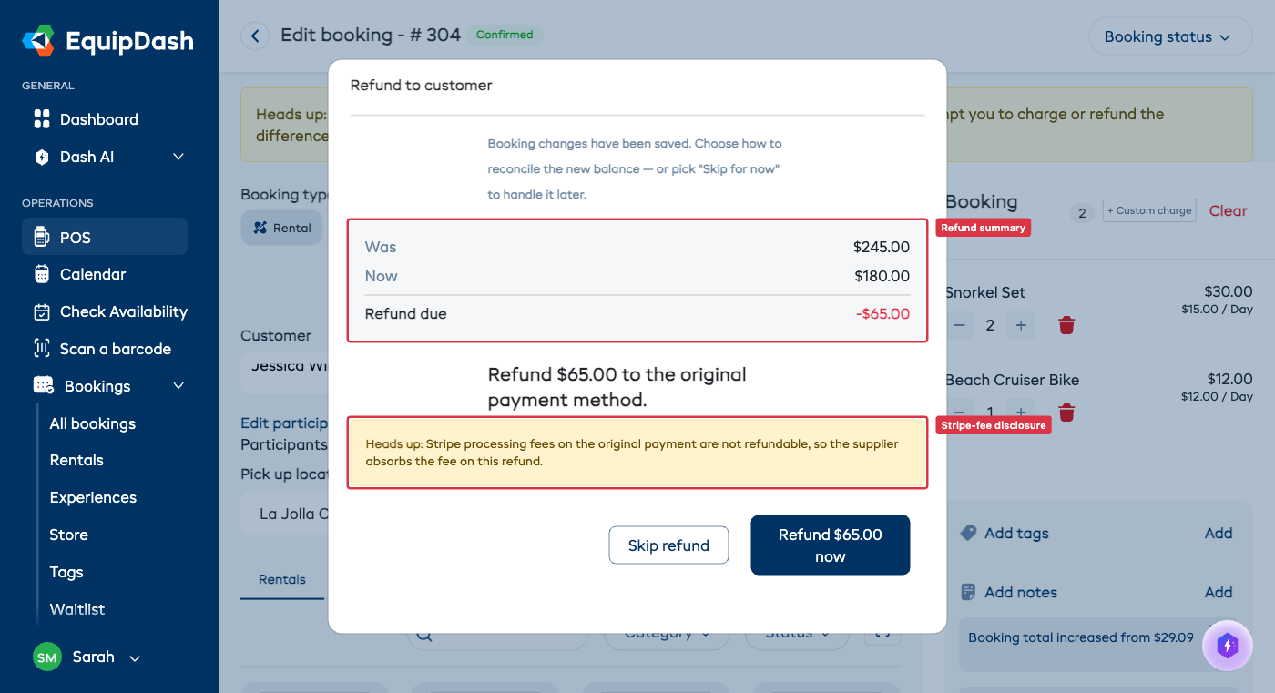 Reconcile Balance modal in refund mode showing the Stripe-fee disclosure.