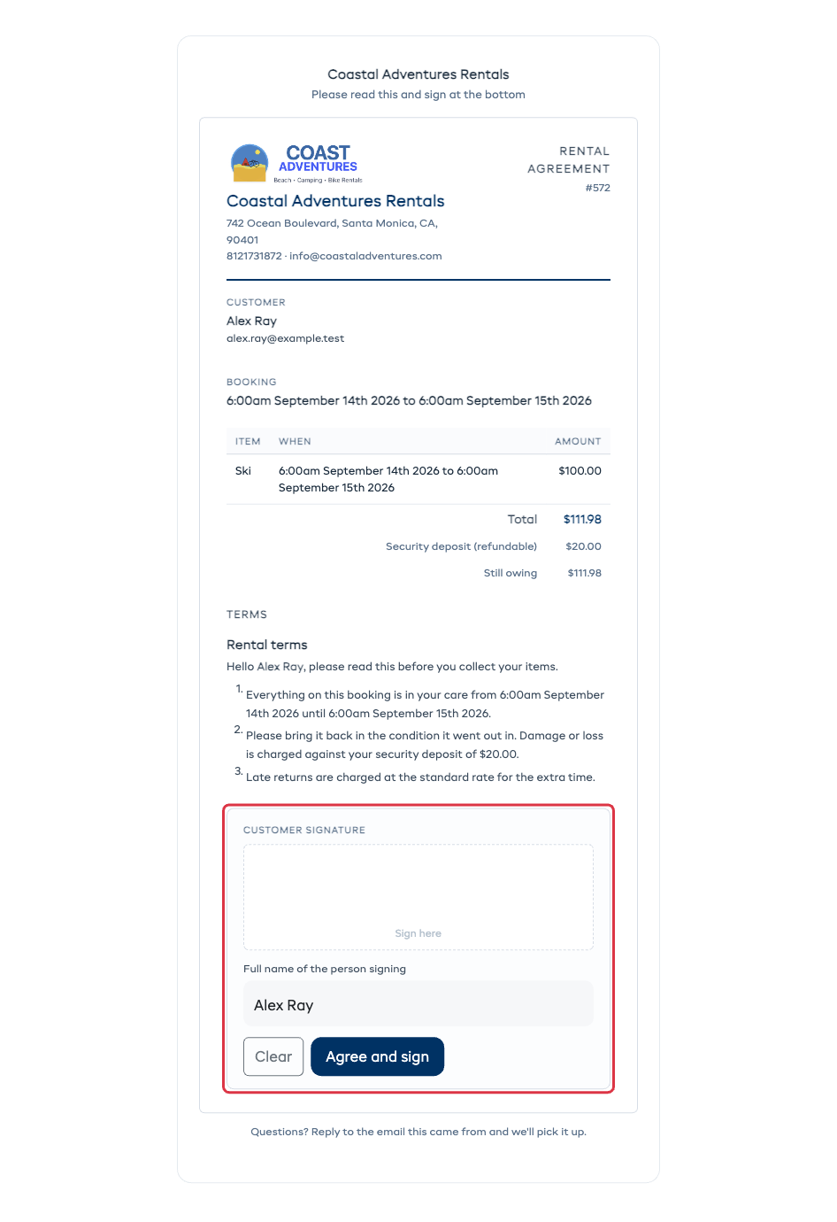 The customer's signing page, showing the business details, booking, items and amounts, the terms, and the signature box at the bottom