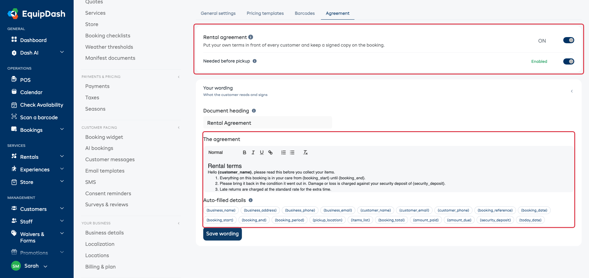 Settings → Rentals, Agreement tab, with the master switch turned on and the wording editor below it
