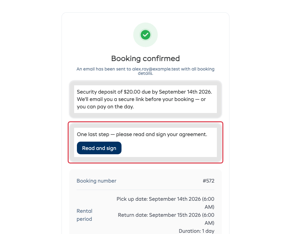 The booking confirmed page in the online booking widget, with the read and sign link under the booking details