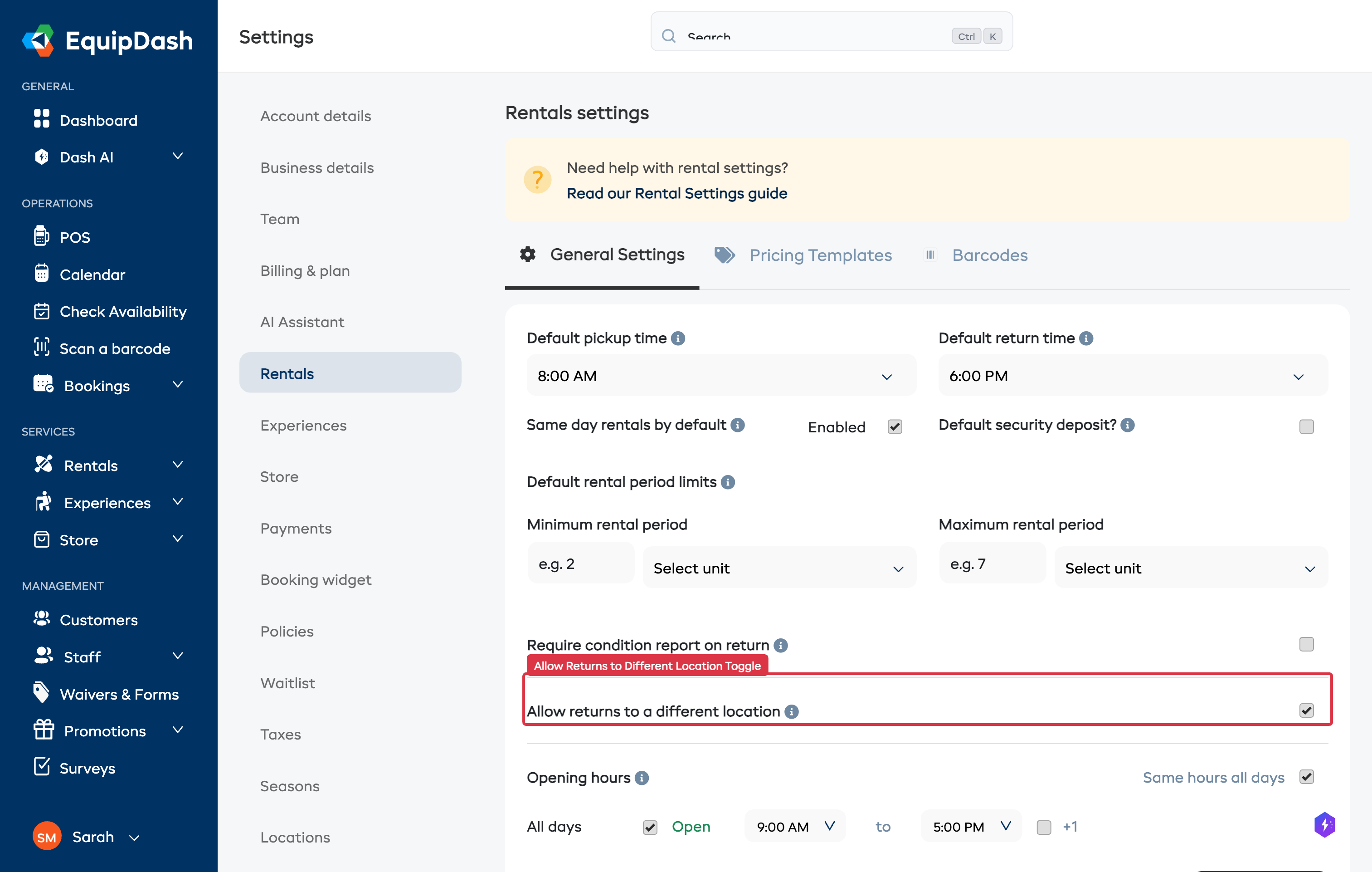 Rental settings showing the Allow returns to a different location toggle