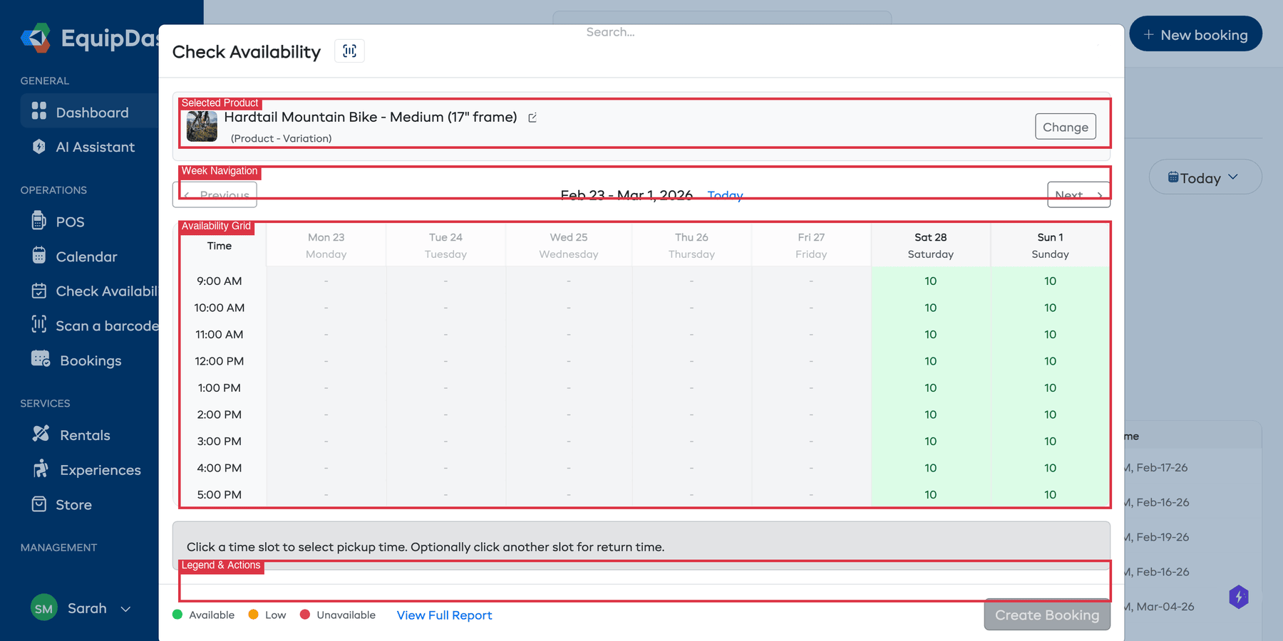 The availability checker showing a selected product with the weekly availability grid, week navigation, legend, and Create Booking button.