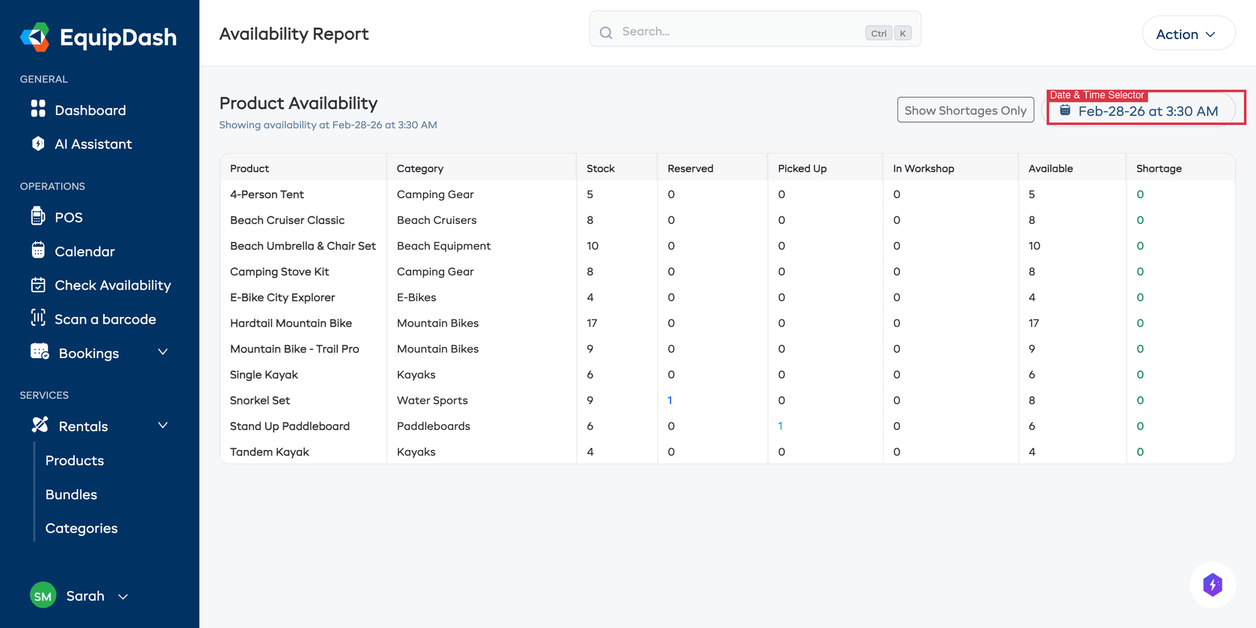 The availability report with the date and time selector highlighted.