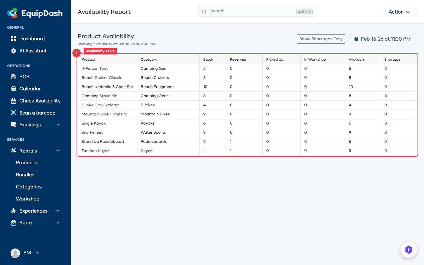 The booking widget showing a product with available dates highlighted and unavailable dates grayed out.