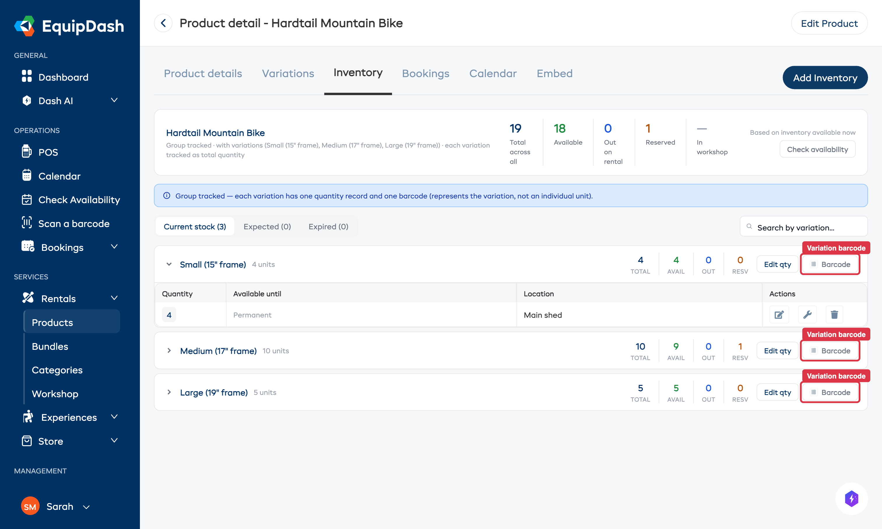 The Inventory tab for a group-tracked product showing the Generate Barcodes and Print Barcodes buttons above the inventory table.