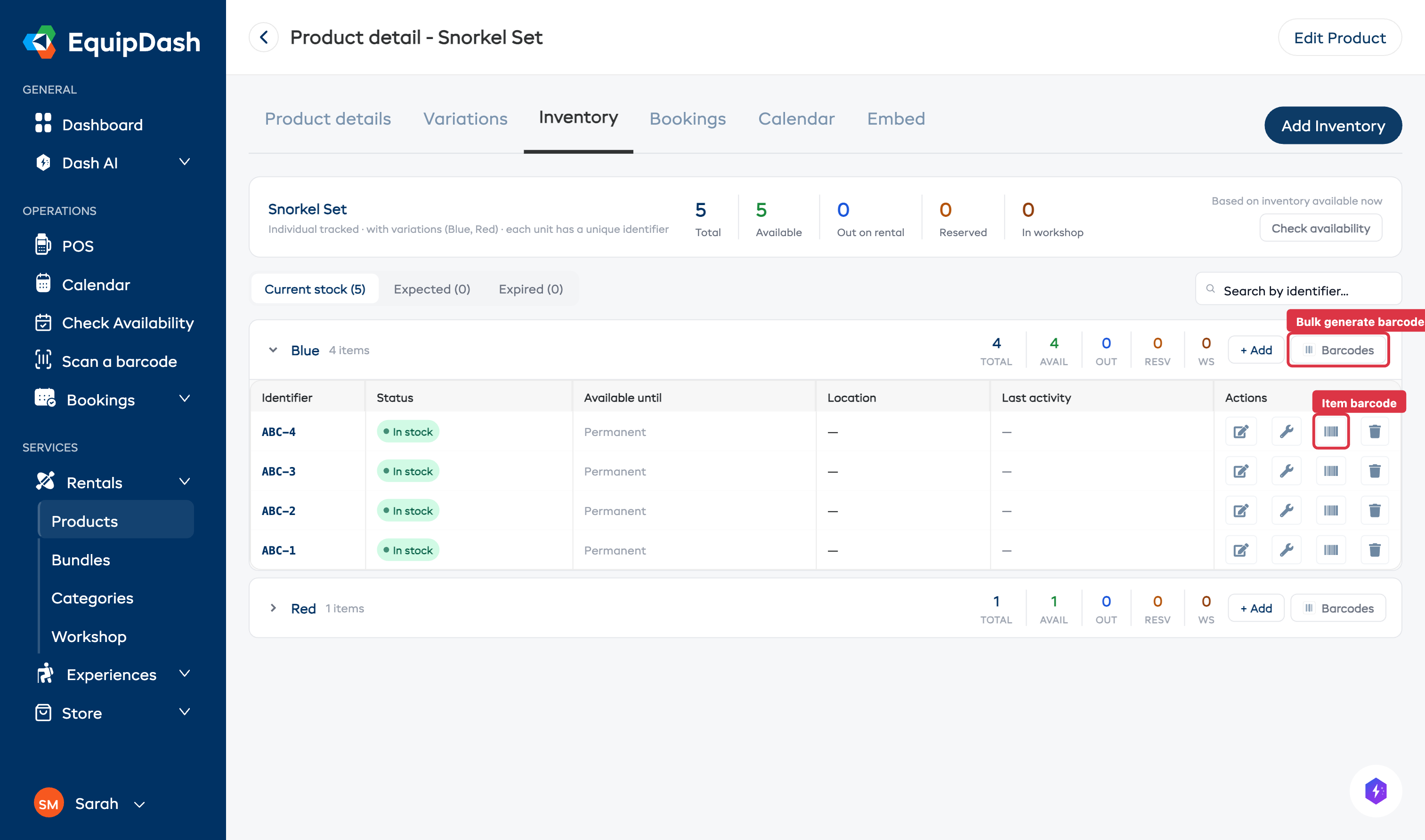 The Inventory tab for an item-tracked product showing individual inventory items with barcode icons in the Actions column.