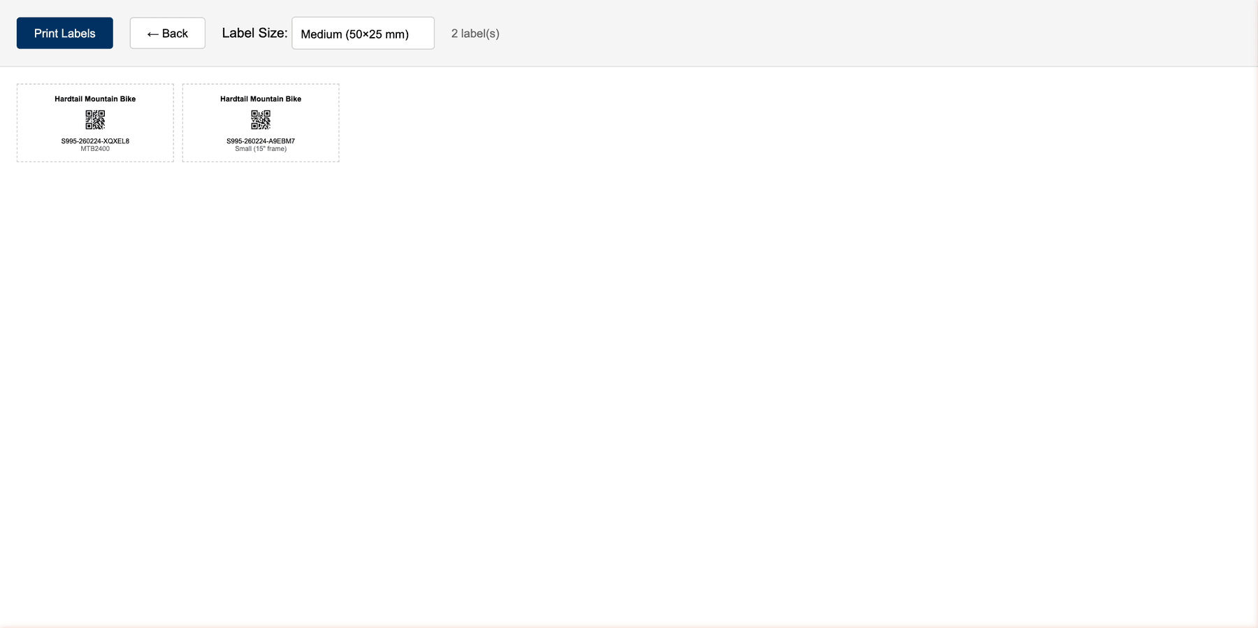 The Print Labels page showing the label size selector, label count, and barcode label previews with QR codes.