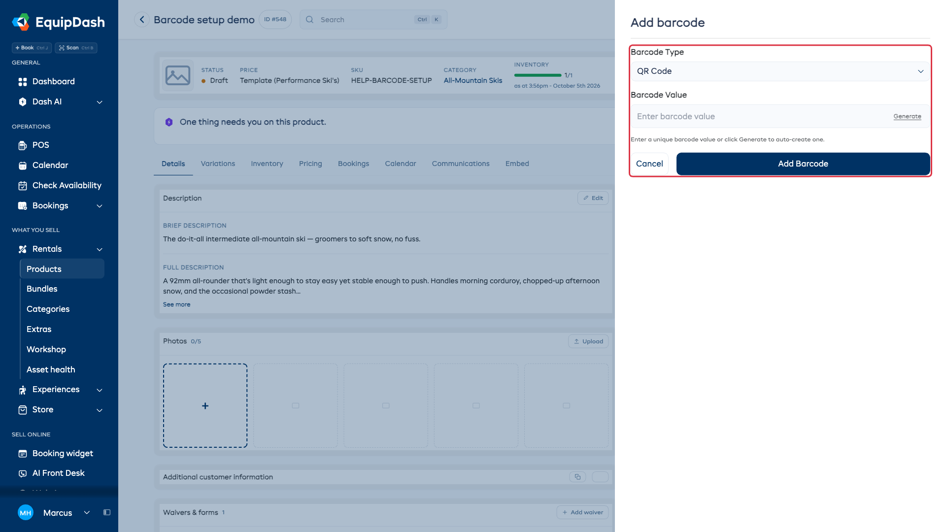 The product barcode form with a format, value, and Generate action.
