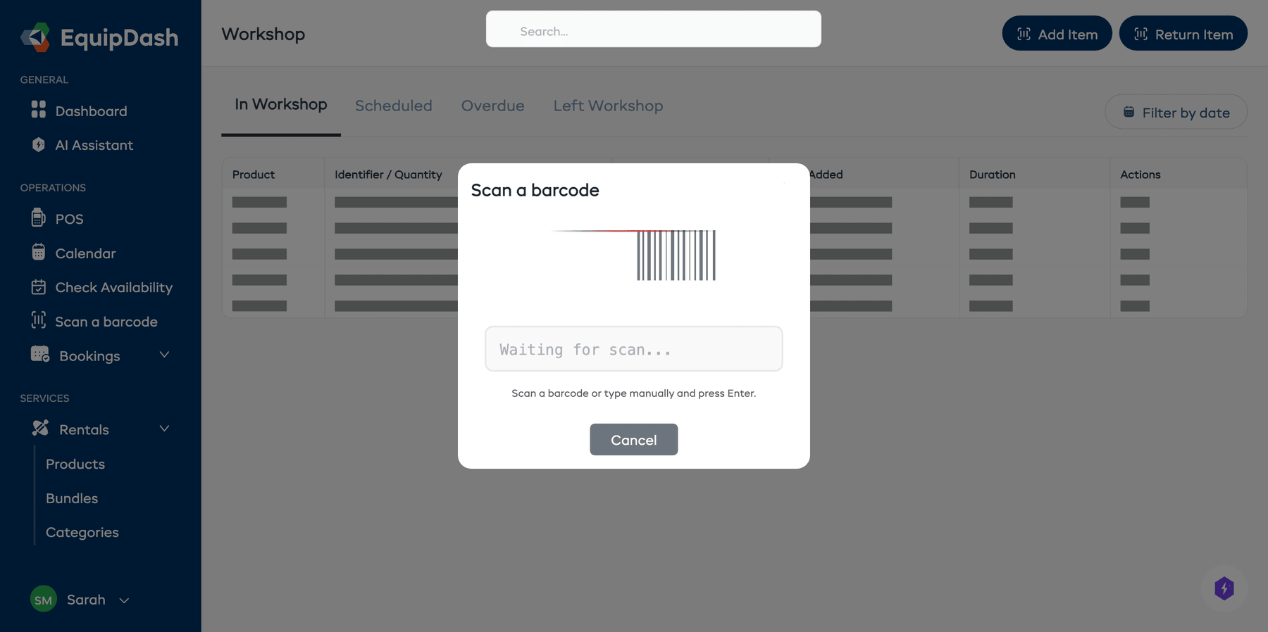 The Scan a barcode modal with the scan input field.